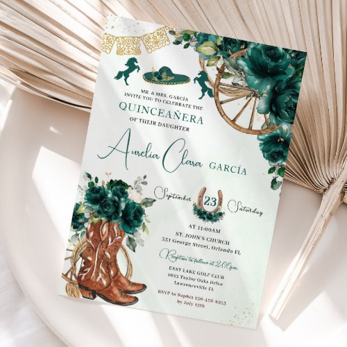 Emerald Green Floral Charro Cowgirl Quinceanera  Invitation