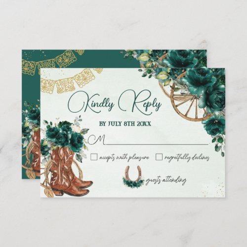 Emerald Green Floral Charro West Quinceaera Reply RSVP Card