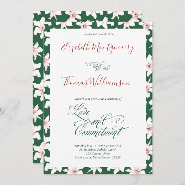 Emerald Green Floral Commitment Ceremony Invitation (Front/Back)