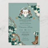 Emerald Green Floral Crest Charro Quinceanera Invi Invitation (Front/Back)