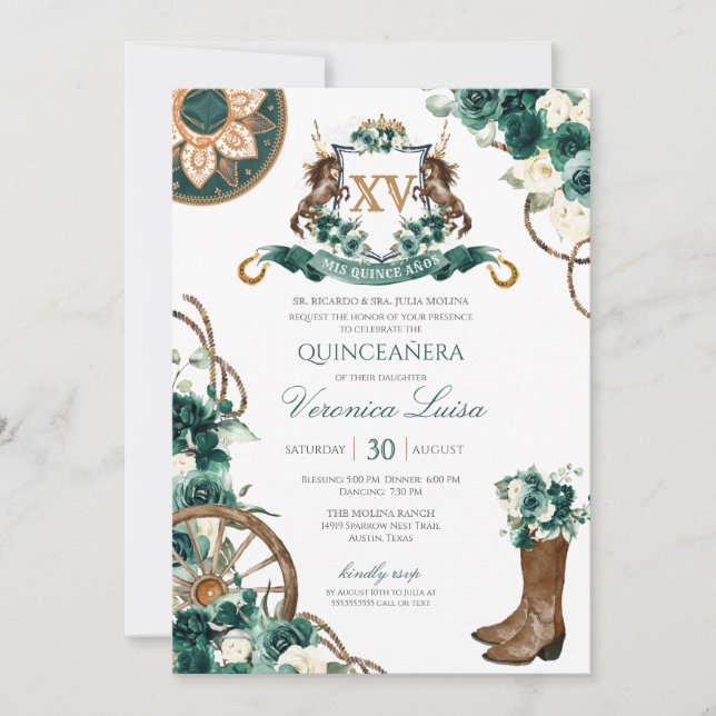 Emerald Green Floral Crest Charro Quinceanera Invi Invitation (Front)