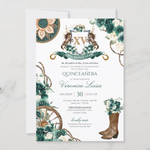 Emerald Green Floral Crest Charro Quinceanera Invi Invitation