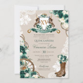 Emerald Green Floral Crest Charro Quinceanera v3 Invitation (Front)