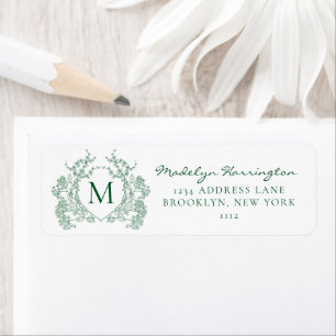 Emerald Green Floral Crest Monogram Address Label