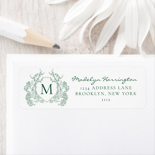 Emerald Green Floral Crest Monogram Address Label (Insitu)