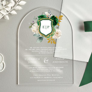 Emerald Green Floral Crest Monogram Wedding Acrylic Invitations