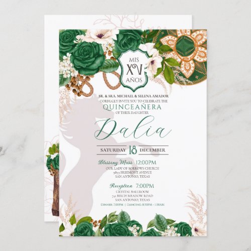 Emerald Green Floral Crest Rose Charro Quinceaera Invitation