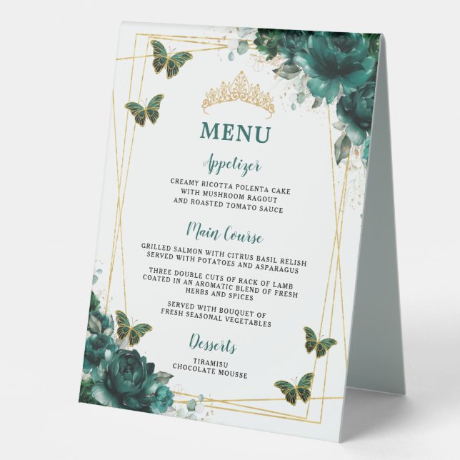 Emerald Green Floral Double-Sided Food Bar Menu Table Tent (Front)