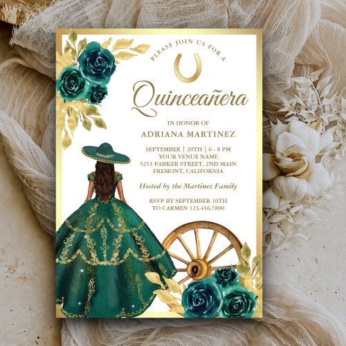 Emerald Green Floral Dress Charro Gold Quinceanera Invitation