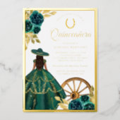 Emerald Green Floral Dress Charro Quinceanera Gold Foil Invitation (Front)