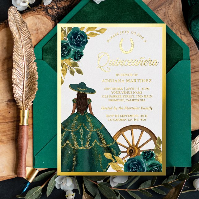 Emerald Green Floral Dress Charro Quinceanera Gold Foil Invitation