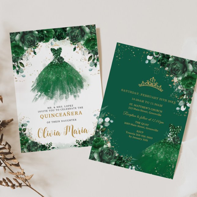 Emerald Green Floral Dress Princess Quinceañera Invitation (Creator Uploaded)