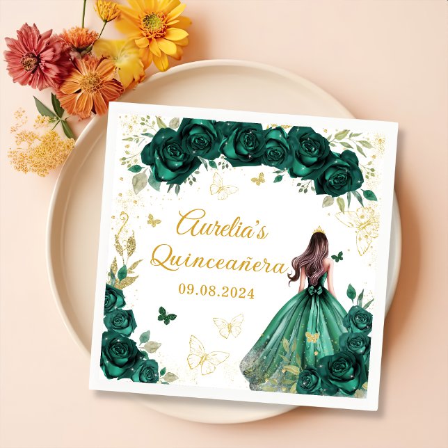 Emerald Green Floral Dress Princess Quinceanera Paper Dinner Napkins (Creator Uploaded)