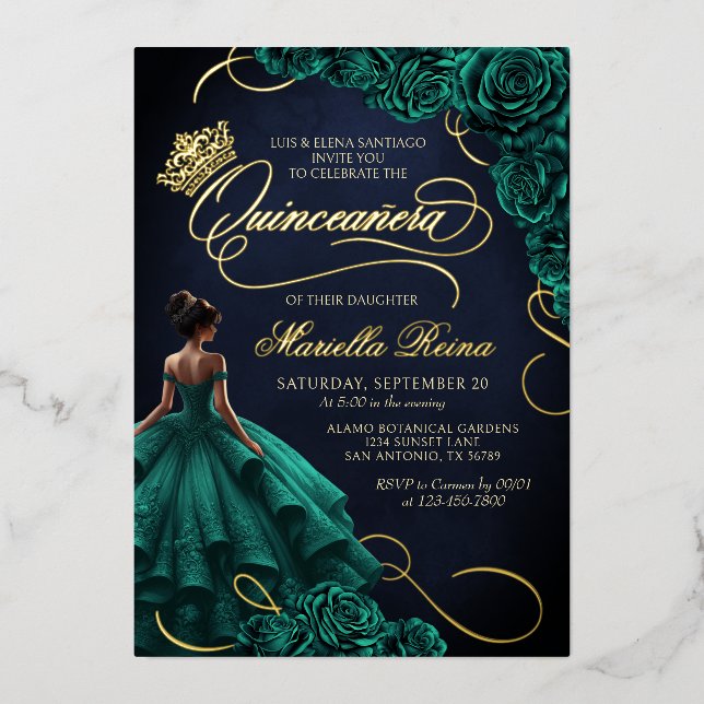 Emerald Green Floral Dress Quinceañera Foil Invitation (Front)