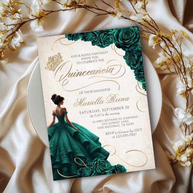 Emerald Green Floral Dress Quinceañera Invitation (Creator Uploaded)