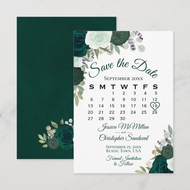 Emerald Green Floral Elegant Boho Wedding Calendar Save The Date (Front/Back)