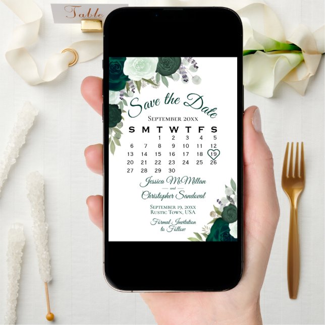 Emerald Green Floral Elegant Boho Wedding Calendar Save The Date (Front Digital)