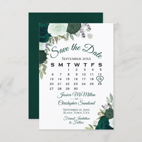 Emerald Green Floral Elegant Boho Wedding Calendar Save The Date