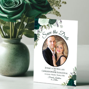 Emerald Green Floral Elegant Boho Wedding Photo Save The Date