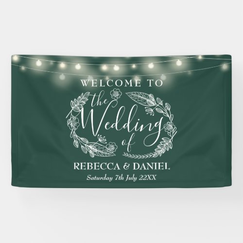 Emerald Green Floral Garland Script Wedding Banner