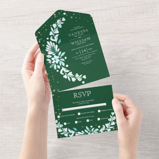 Emerald green floral garland with hearts wedding all in one invitation (Tearaway)