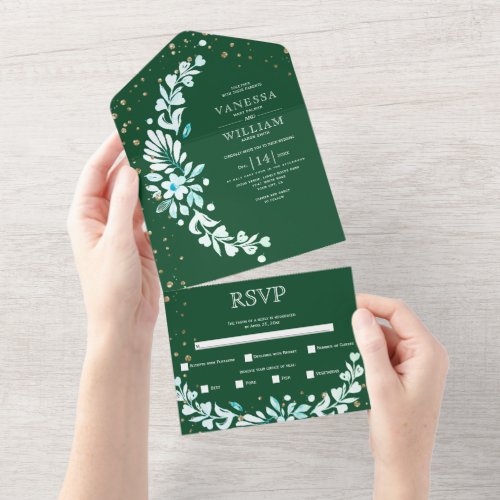 Emerald green floral garland with hearts wedding all in one invitation