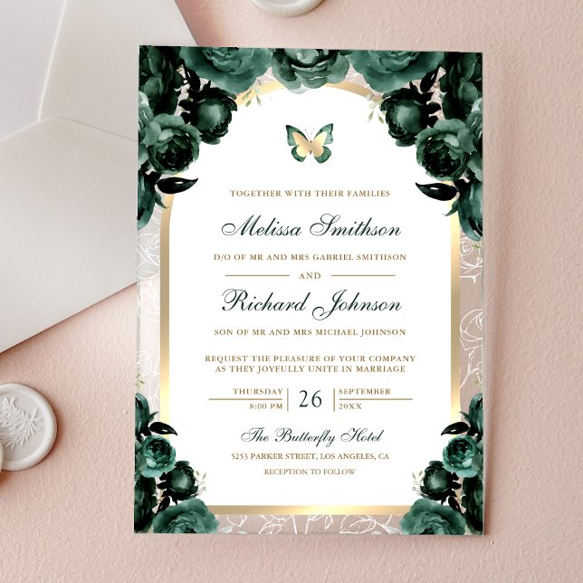 Emerald Green Floral Gold Arch Butterfly Wedding Acrylic Invitations (Creator Uploaded)