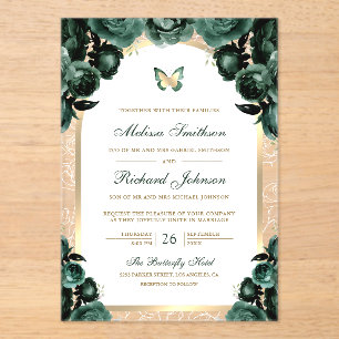 Emerald Green Floral Gold Arch Butterfly Wedding Acrylic Invitations