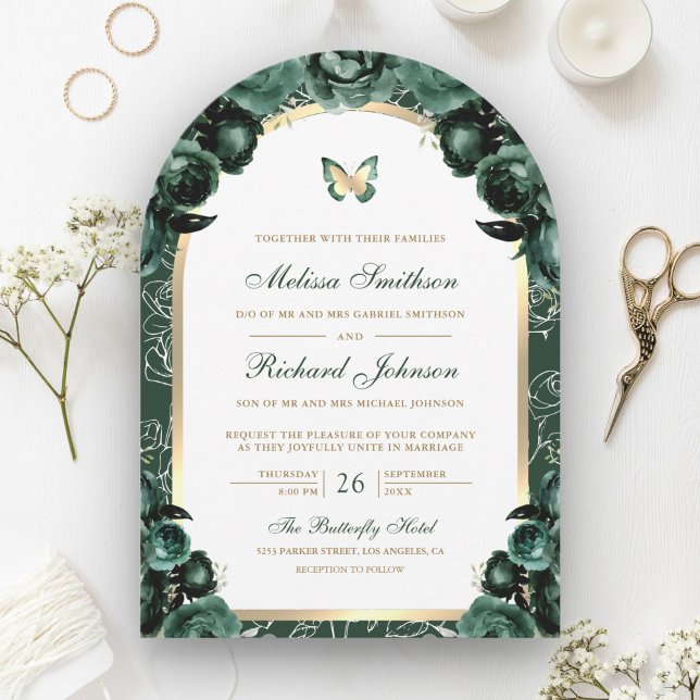Emerald Green Floral Gold Arch Butterfly Wedding Invitation (Creator Uploaded)