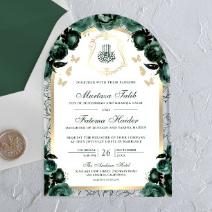 Emerald Green Floral Gold Arch Muslim Wedding Acrylic Invitations