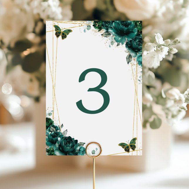 Emerald Green Floral Gold Butterflies Wedding  Table Number (Creator Uploaded)