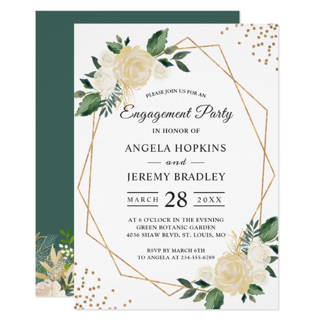 Emerald Green Floral Gold Frame Engagement Party Invitation