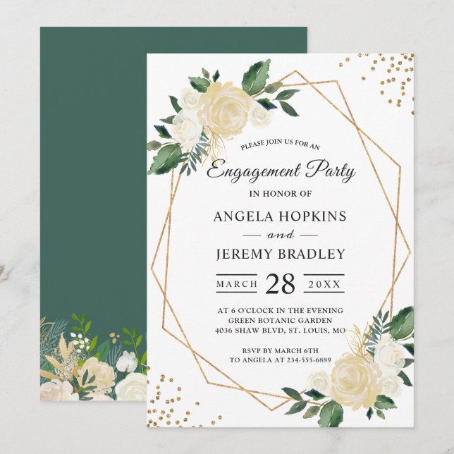 Emerald Green Floral Gold Frame Engagement Party Invitation (Front/Back)