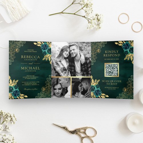 Emerald Green Floral Gold Lace QR Code Wedding Tri_Fold Invitation