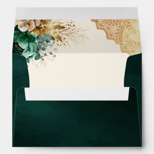 Emerald Green Floral Gold Lace Wedding Envelope