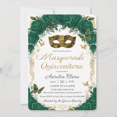 Emerald Green Floral Gold Masquerade Quinceaera Invitation