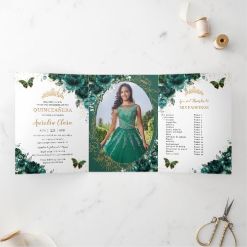 Emerald Green Floral Gold Quincea&#241;era 15 Photos Tri-Fold Invitation