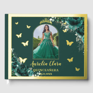 Emerald Green Floral Gold Quinceañera Quince Photo Foil Guest Book
