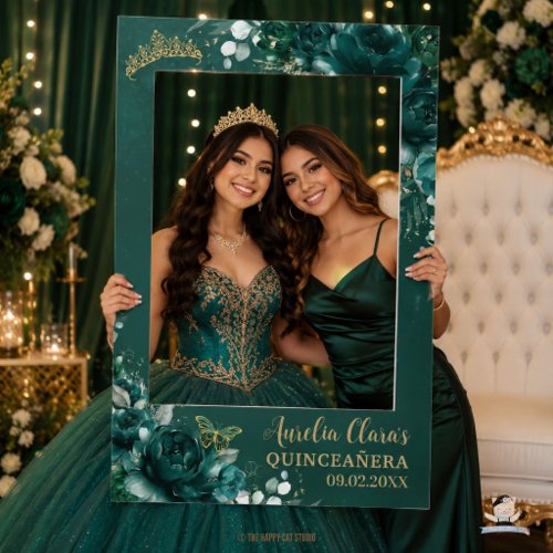 Emerald Green Floral Gold Quinceanera Sweet 16 Selfie Frame