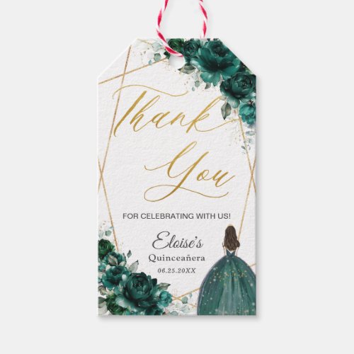 Emerald Green Floral Gold Quinceaera Thank You  Gift Tags