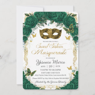 Emerald Green Floral Gold Sweet Sixteen Masquerade Invitation