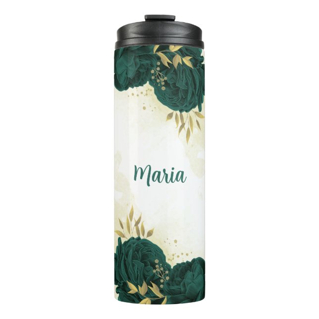 emerald green floral gold thermal tumbler (Front)