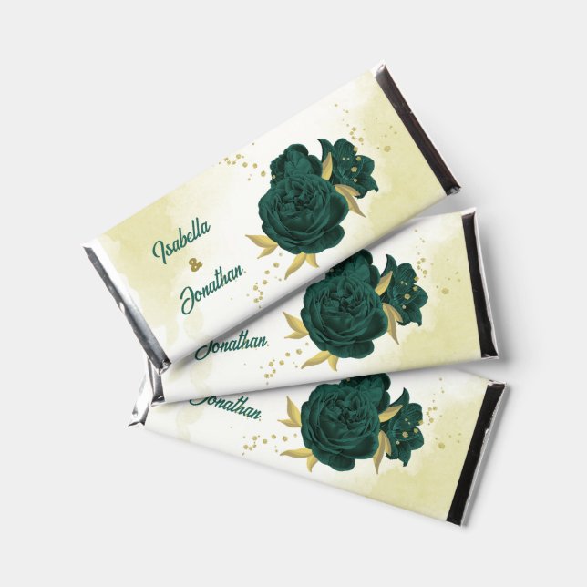 emerald green floral gold wedding hershey bar favors (Front)