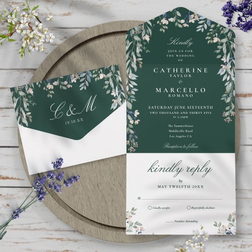 Emerald Green Floral Greenery Cascade Wedding  All In One Invitation