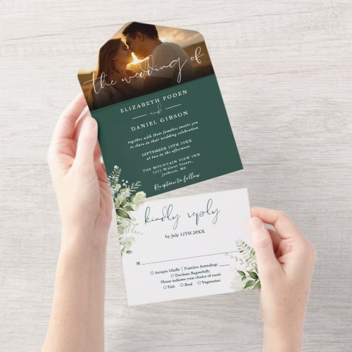 Emerald Green Floral Greenery Wedding Photo All In One Invitation