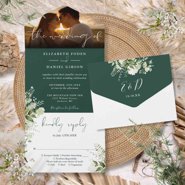 Emerald Green Floral Greenery Wedding Photo All In One Invitation (Emerald Green Floral Greenery Wedding Photo All In One Invitation)