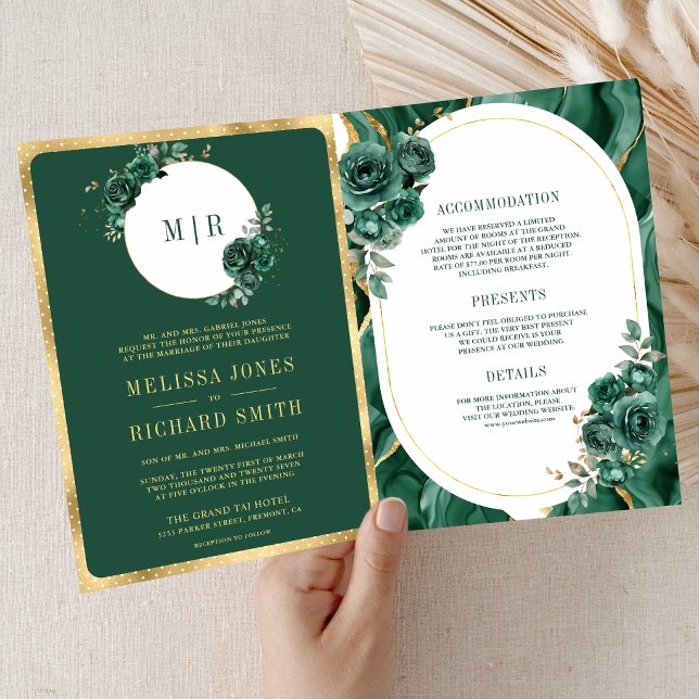 Emerald Green Floral Marble All in One Wedding Invitation (Creator Uploaded)