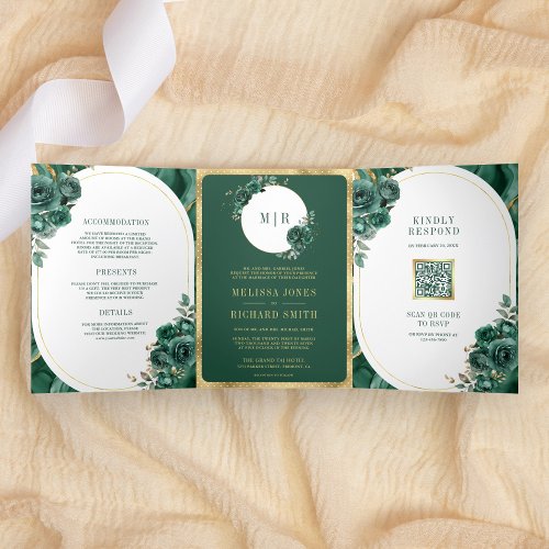 Emerald Green Floral Marble All in One Wedding Tri_Fold Invitation