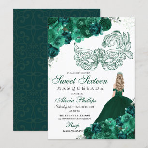 Emerald Green Floral Masquerade Sweet 16 Invitatio Invitation