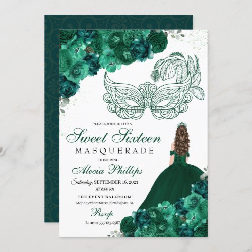 Emerald Green Floral Masquerade Sweet 16 Invitatio Invitation